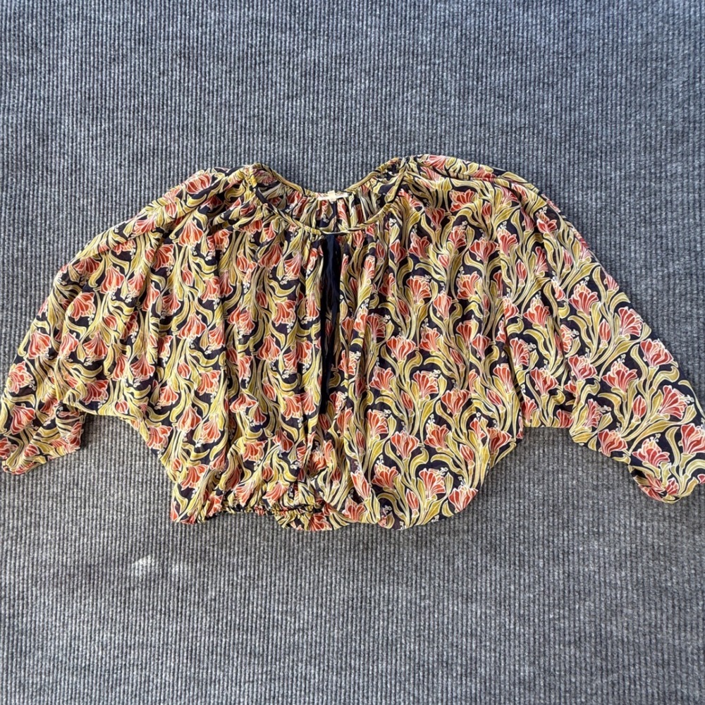 Under Skies Floral Dolman Sleeve Blouse Red Olive Navy Art Nouveau Crop Top L